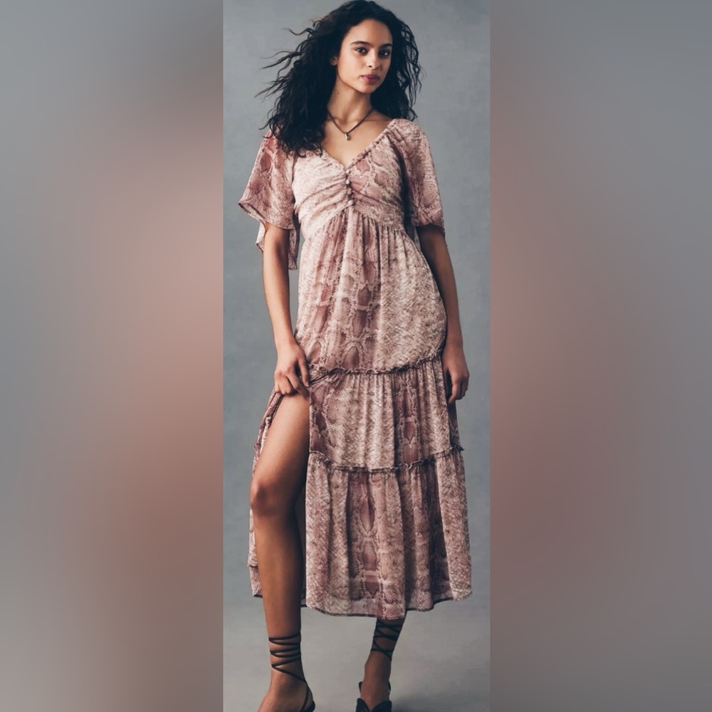 Anthropology Maeve Snake Print Tiered Midi Dress Boho NWT 178.00 Size M - Picture 2 of 10